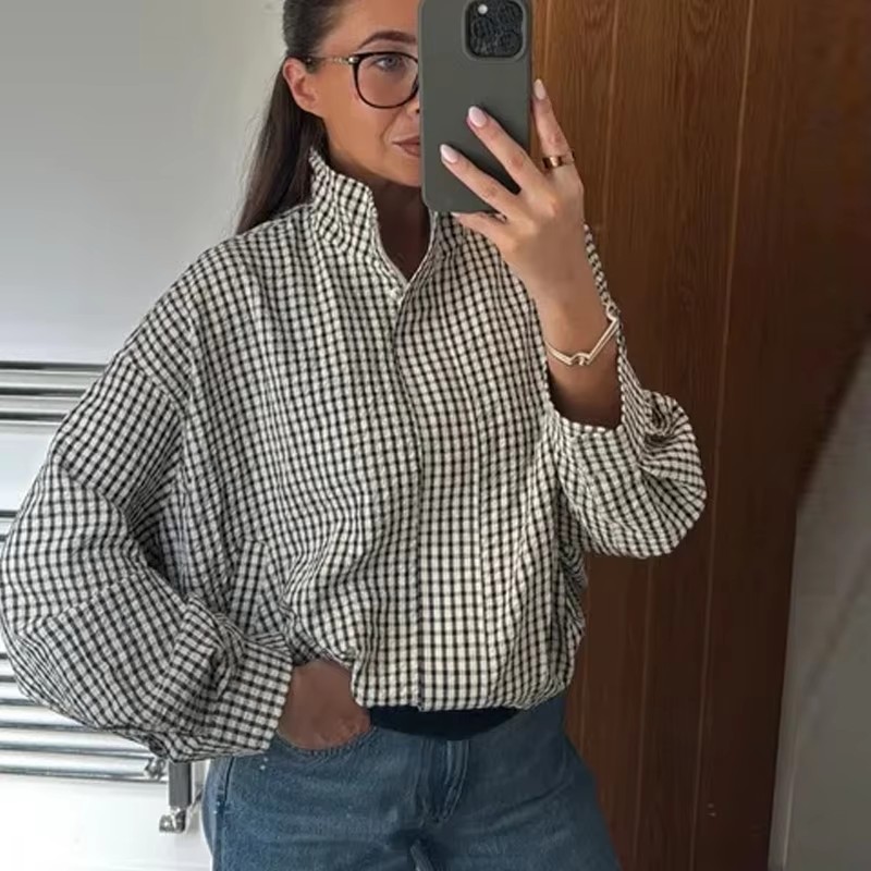 Varsity Jacket Wool - Plaid Bomber Jacket Women Demi-Season Long